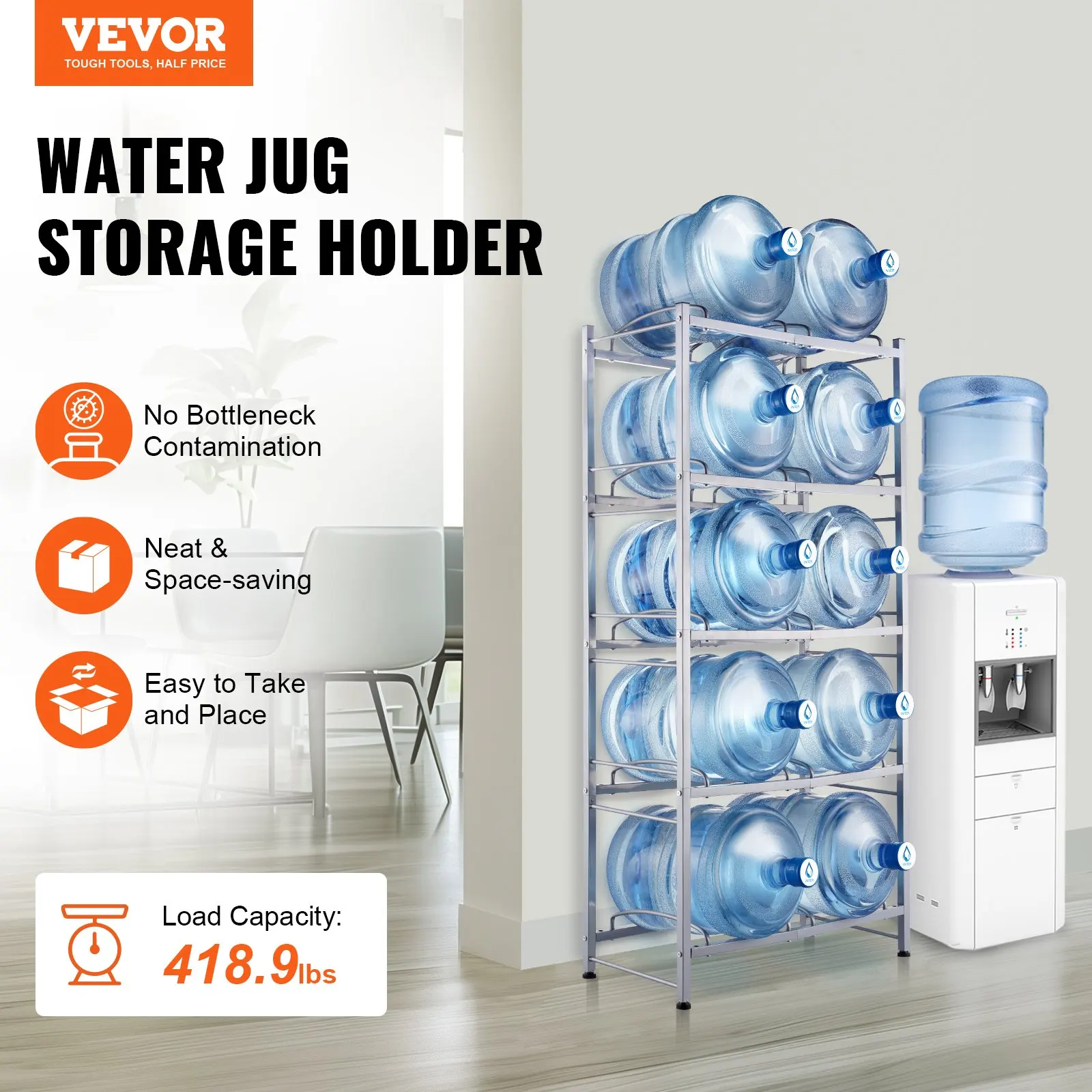 

5-Tier Water Jug Holder Double Row Water Jug Rack 10 Bottles Silver Gray