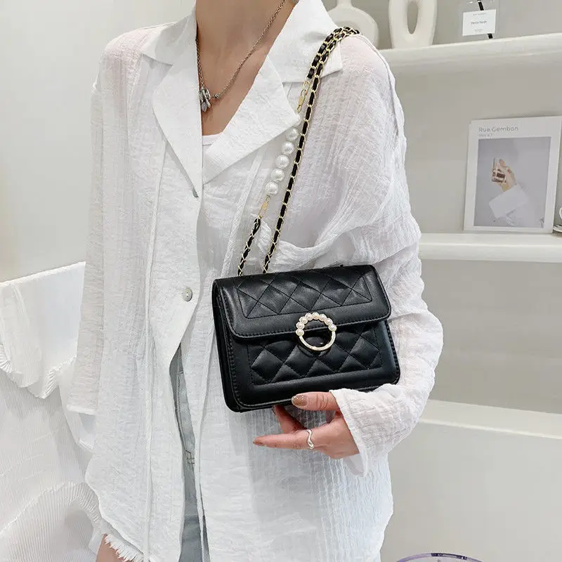 Shoulder Bags for Women Pearls Fashion Diamond Lattice PU Hand Bag Femme Cross Body Chain OL Temperament Luxury Mini Flap Trendy