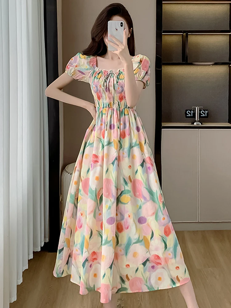 

French Fashion Colorful Floral Print Square Collar Summer Dresses Women Elegant Elasticity Waist Draped Party Prom Slim Dress