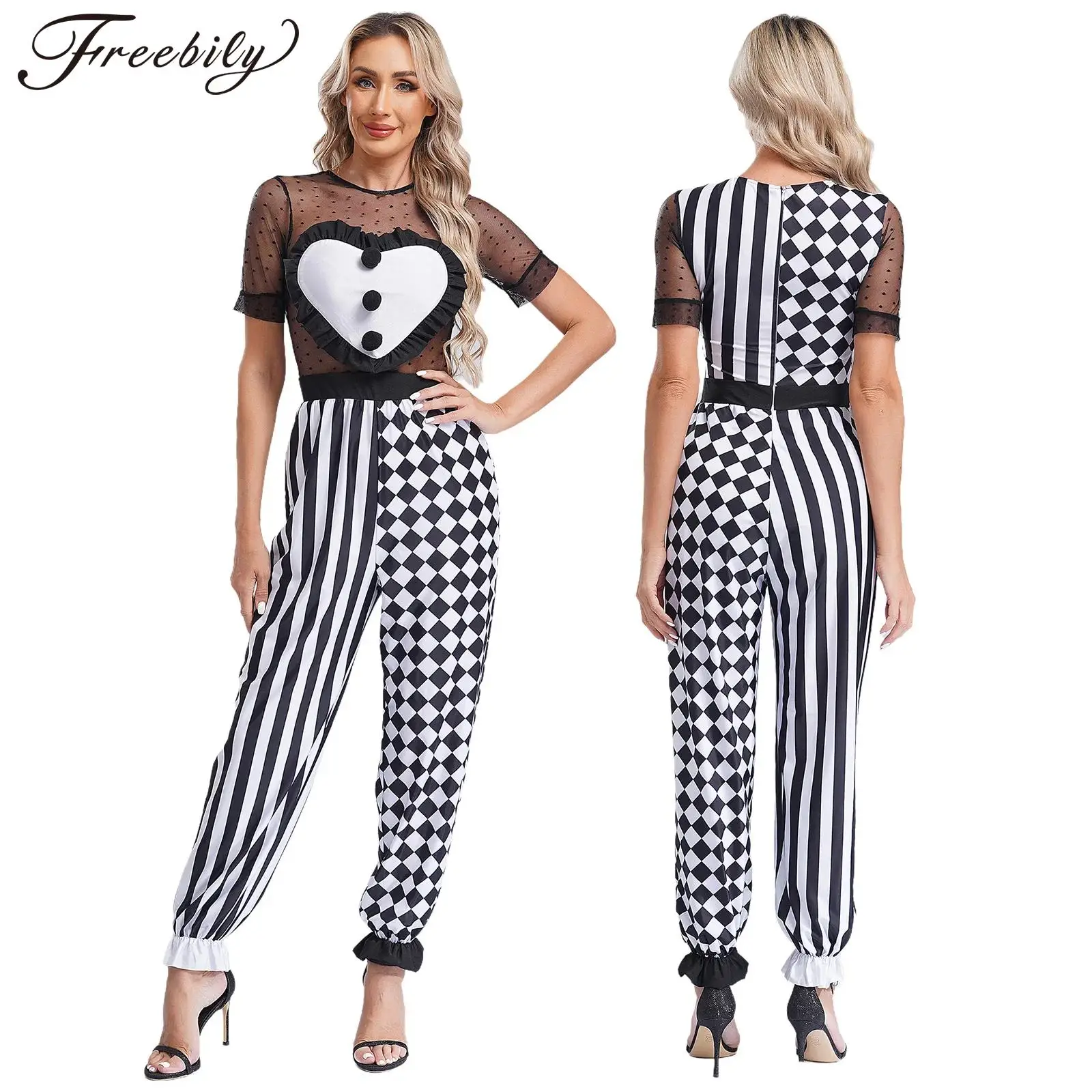 Women Halloween Carnival Circus Creepy Clown Cosplay Costume Short Sleeve Mesh Stripes Checkered Jumpsuit Dress Up Party Clothes