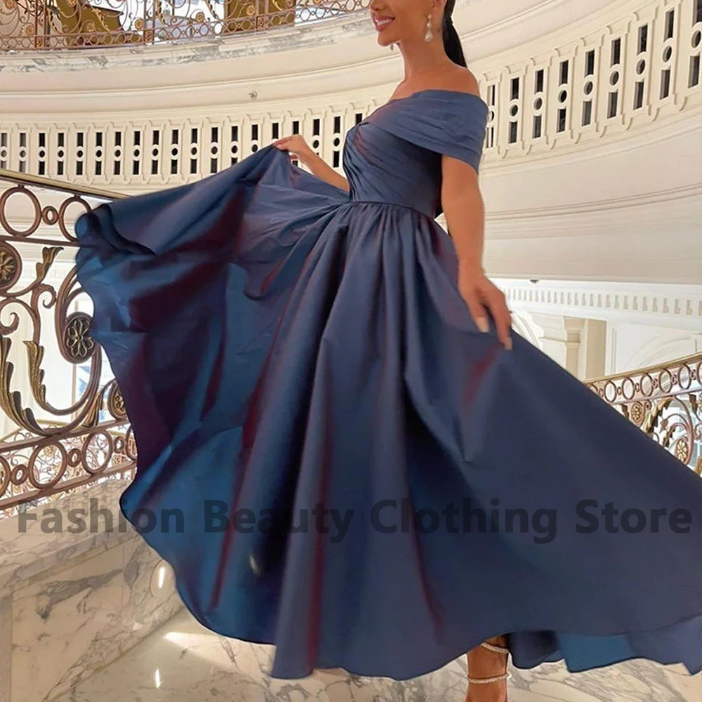 

Classic Satin Evening Dress Off The Shoulder Draped A-Line Saudi Arabian Women's Vintage Ankle-Length Formal Vestidos De Gala