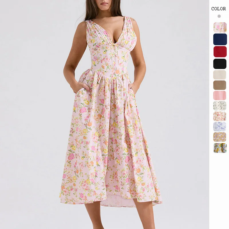 

Summer Floral Print Long Dress Women Sexy Deep V-neck Female Beach Sundresses Casual Elegant Maxi Sleeveless Dresses Vestidos