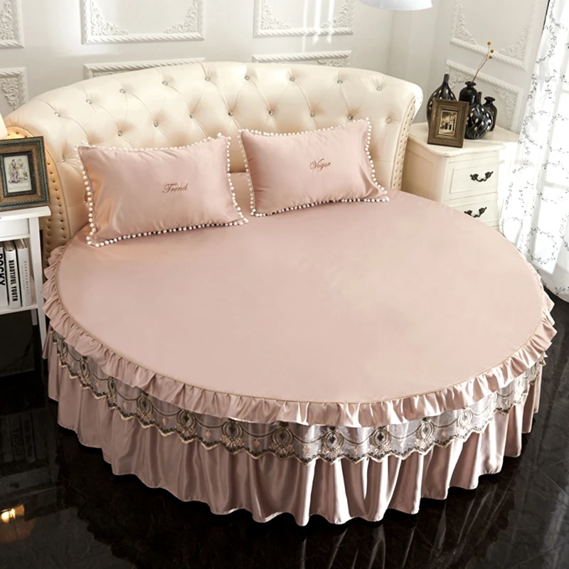 Washable Polyester Lace Bed Skirt, Monochromatic, Round Sheets, Soft, Comfortable, Breathable, Custom Size, 1Pc, 3Pcs