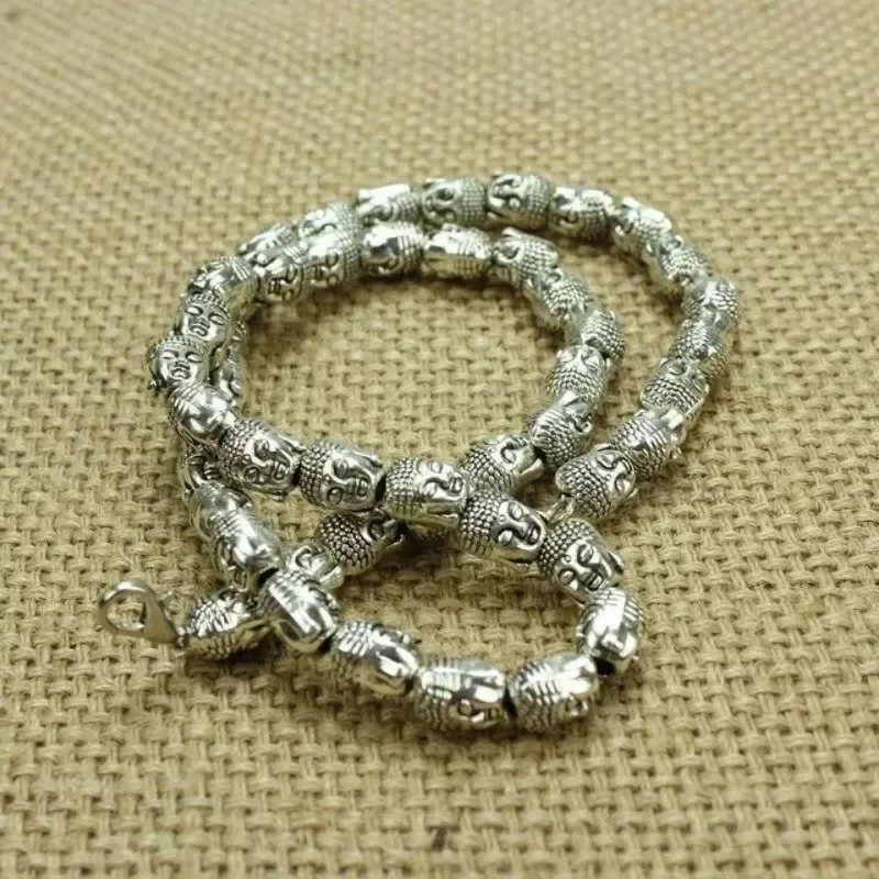 Retro Miao Silver Beaded Bracelet, Double Sided Buddha Head Sakyamuni Carving, Unisex Vintage Handmade Jewelry