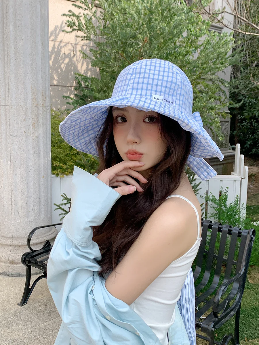 

Japanese Plaid Knot Fierman Hat Women Summer Sun Protection Wide Brim Face Slimming Sun Hat Foldable Casual Sle