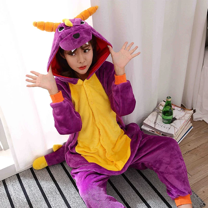 Kids Adults Halloween Cosplay Costume Cartoon Pajama Jumpsuits Animal Purple Dragon Winter Warm Flannel Plush Onesies Homewear