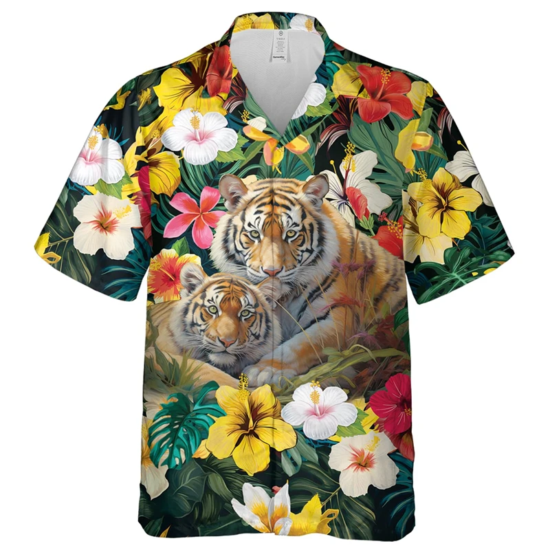 3D Print Funny Animal Hawaiian Shirts For Men Women Summer Short Sleeve Casual Relaxed-Fit Button Flower Beach Shirt Mens Tshirt