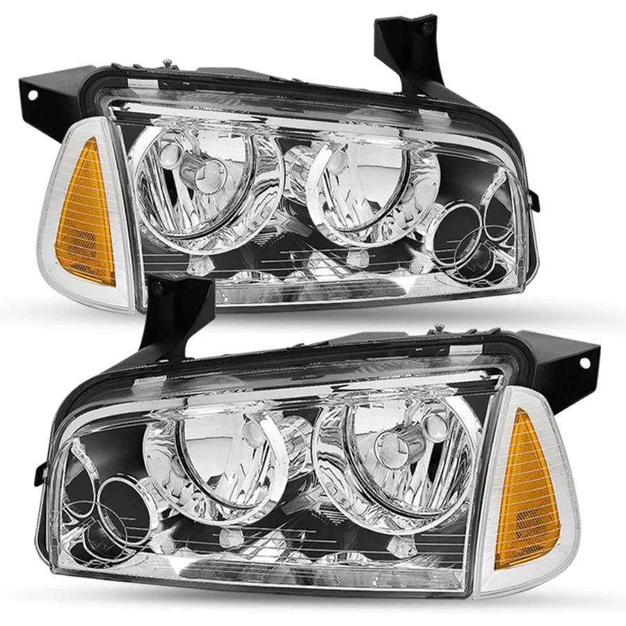 

4Pcs Headlight Assembly Compatible with 06-10 Dodge Charger Chrome Headlamp and Amber Corner Signal Lights Driver and Passenger