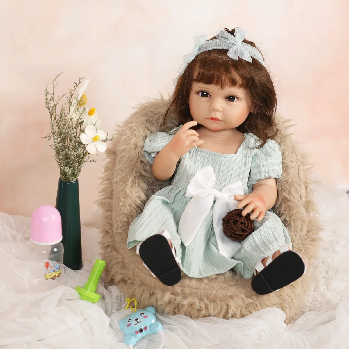 

22 Inch Reborn Baby Doll Hand Hmplanted Hair Alive Big White Bow Girl For Children's Toy Christmas and Children's Day Gift