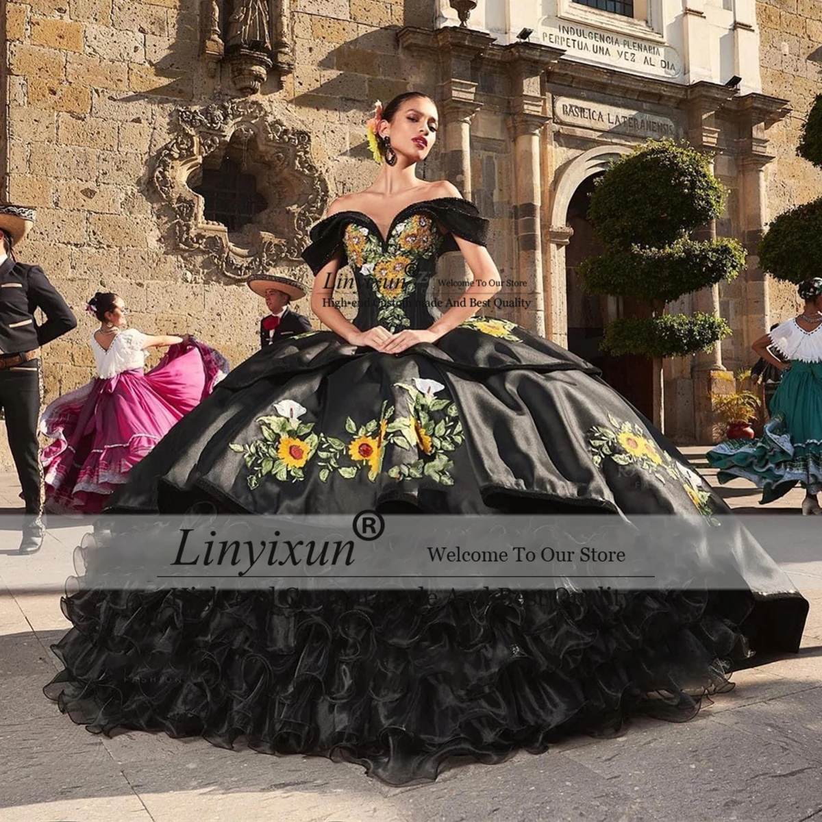 

Fashion Black Ball Gown Quinceanera Dresses Off Shoulder Embroidery Appliques Party Gowns Princess Vestidos De Noche 2023