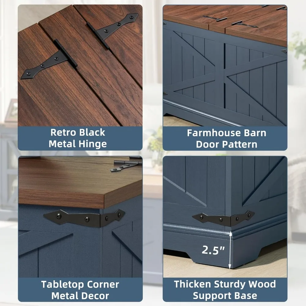 Rustic Modern Farmhouse Coffee Table Navy Blue Square Storage Compartment Living Room Furniture