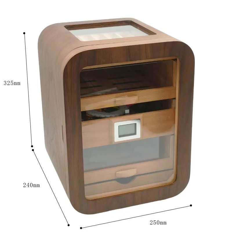 Capacity Curved Cedar Wood Cigar Cabinet with Digital Hygrometer Desktop Visual Top Cigar Moisturizer