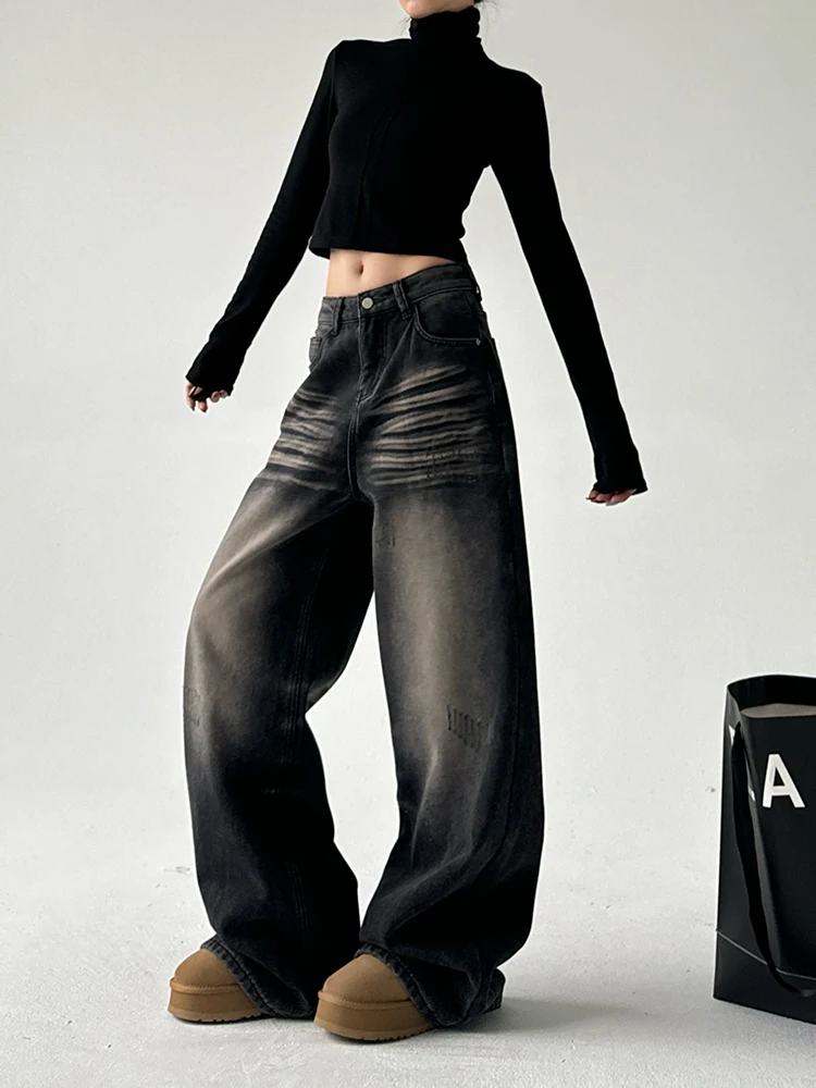 

Retro Waed Fce Lined Straight Leg Denim Jeans Women's High Waist Slimming Wide Leg Floor Length Pants Cotton Elastic Denim