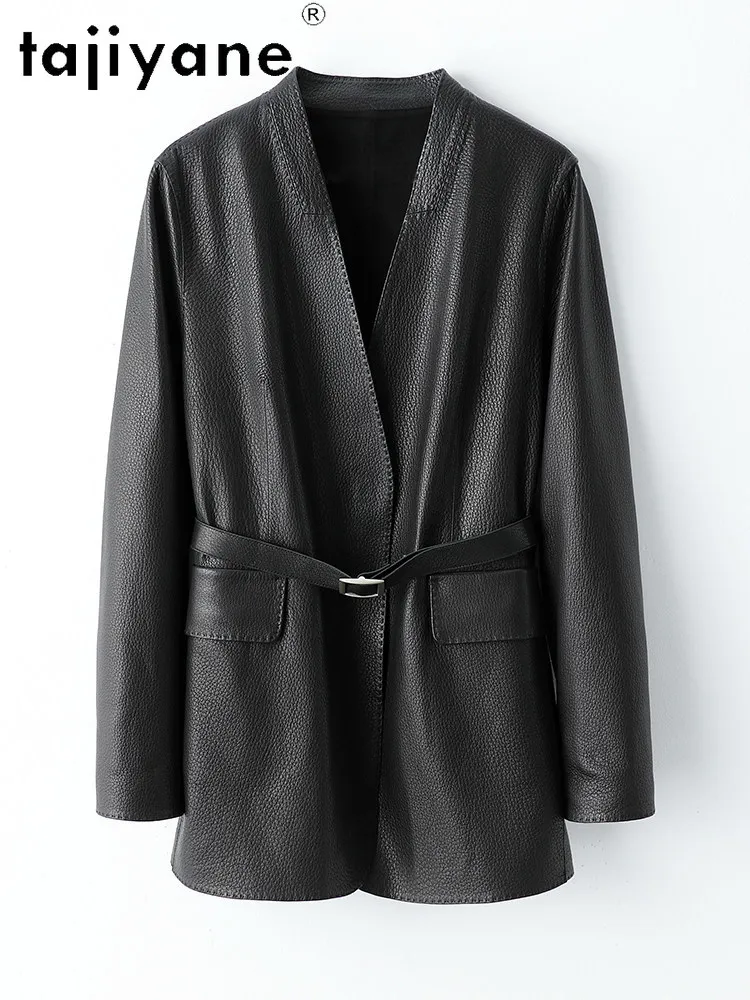 TAJIYANE Giacche in Pelle di Capra 100% Genuina, Giacca in Vera Pelle con Scollo a V, Cappotto Donna Lunghezza Media con Cintura, Abbigliamento Primavera 2026, дубленка