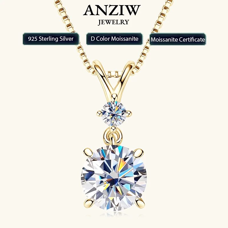 Anziw 1CT 2CT 3CT Moissanite Pendant Necklace for Women 925 Silver Adjustable Chain Sparking Two Stones Necklaces Gift Valentine