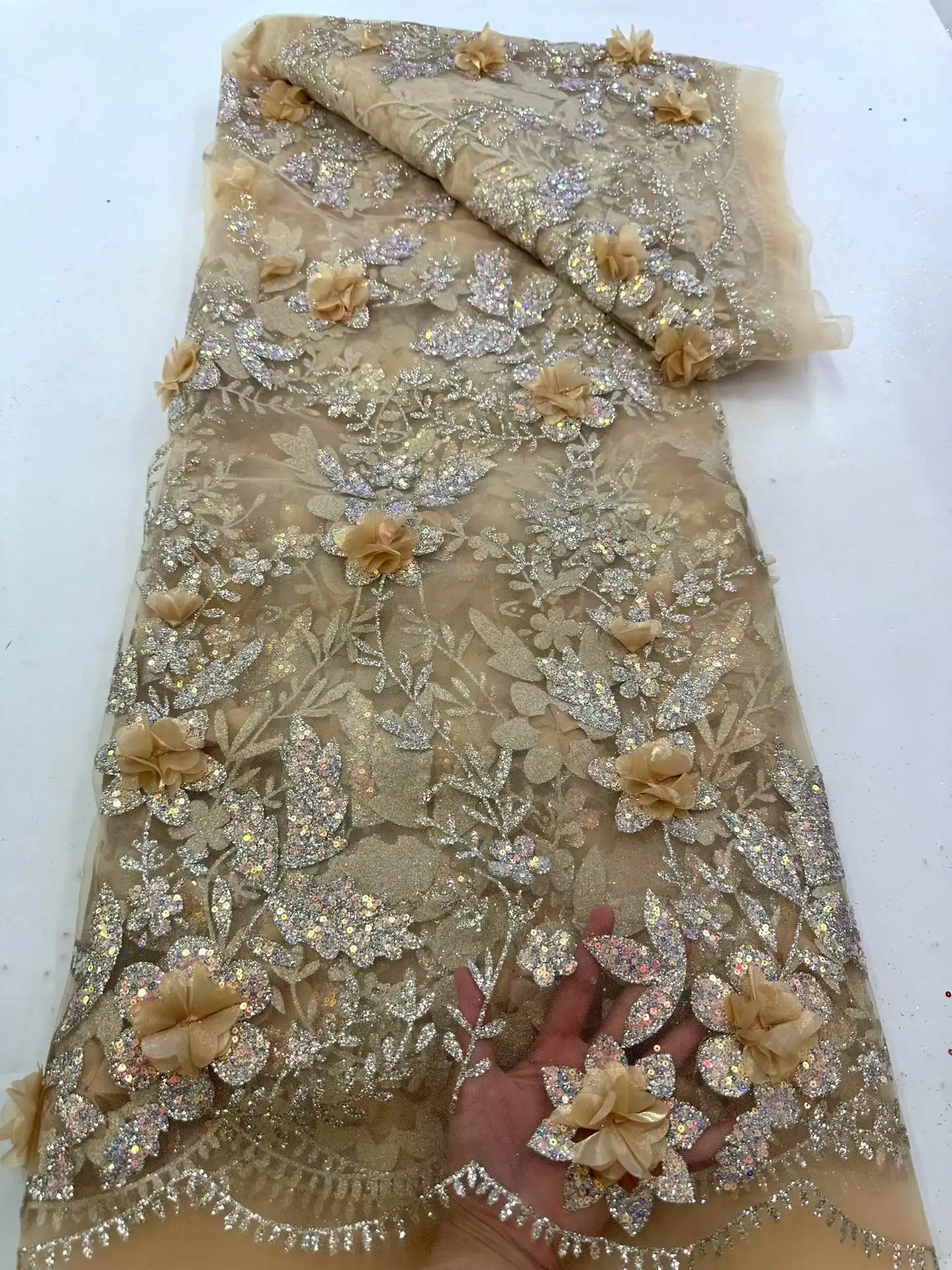 

5 ярдов роскошной африканской кружевной тюлевой ткани 2026 года, французская, с 3D цветами, вышивкой, аппликацией и пайетками, для шитья праздничной одежды