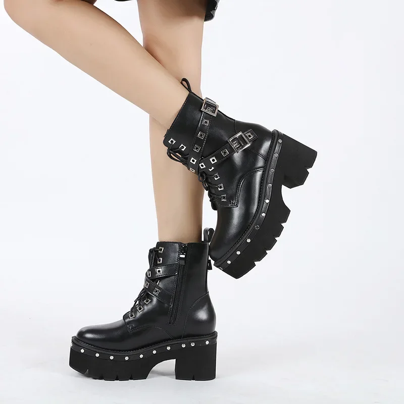 

Women Shoes Boots Black Dark Cool Thick Bottom Platform Harajuku Shoes With Metal Chain Gothic Punk Girls Shoes Footwear