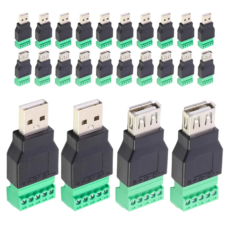 5/20/100PCS USB 2.0 Type A Male/Female to 5 Pin Screw Connector No Soldering USB Jack USB2.0 to Screw Terminal Plug Adapter