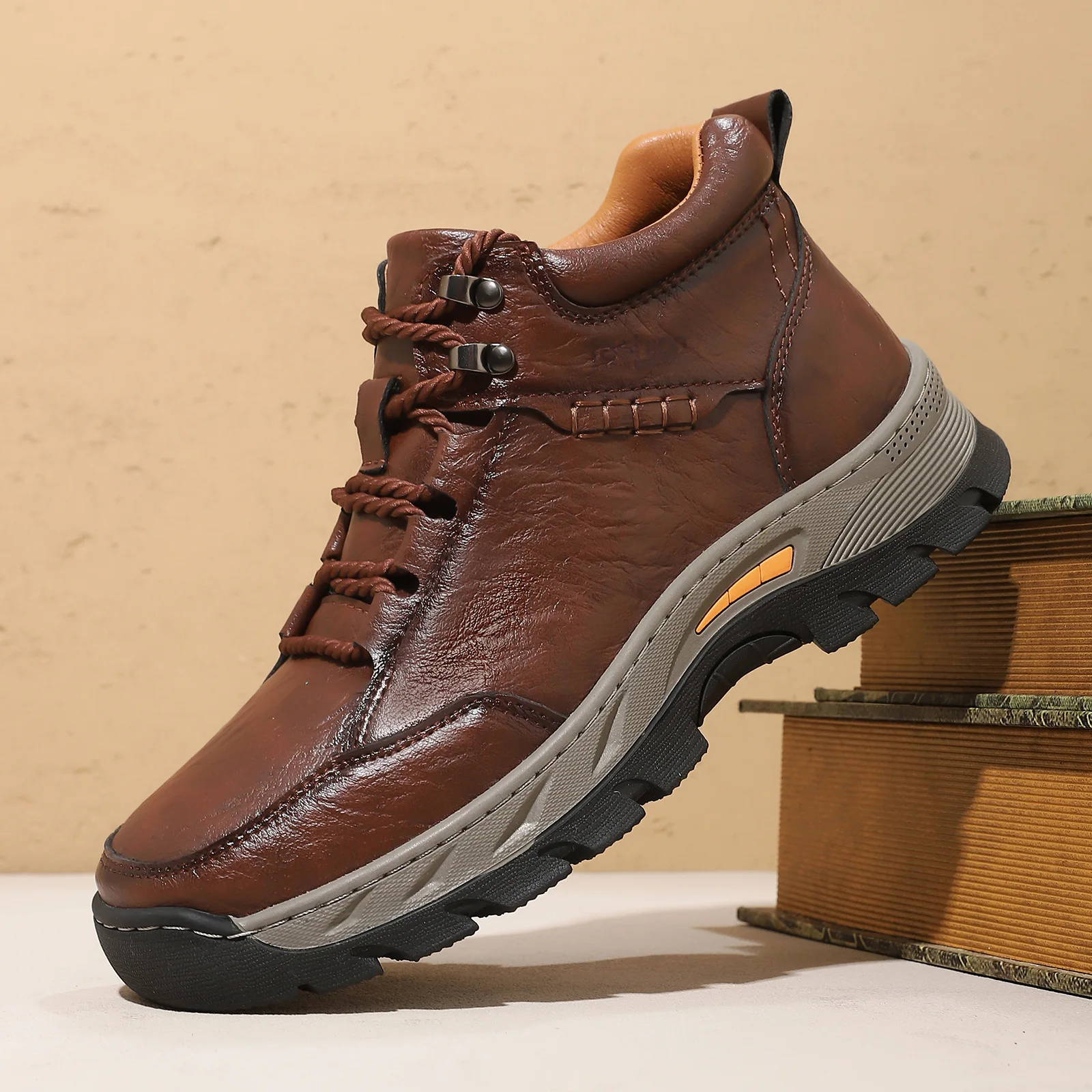 High Top Men's Shoes Man Casual Leather Shoes Lace Up 2026 Autumn Male Anti Slip Hiking Shoes Brown Walking Shoe Plus Size 45 46
