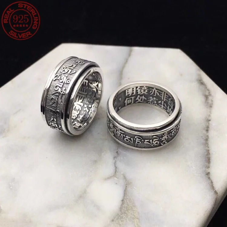 

Great Sale925 Sterling Silver Vintage Rings For Men Rotatable Tibetan Six Words Mantra Rings Om Mani Padme Hum Buddhist Jewelry
