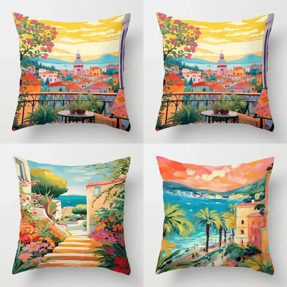 Vibrant Mediterranean Scenes Printed Pillowcase Pattern Cushion Cover Suitable for Sofa Bedroom Car Pillow Cover
