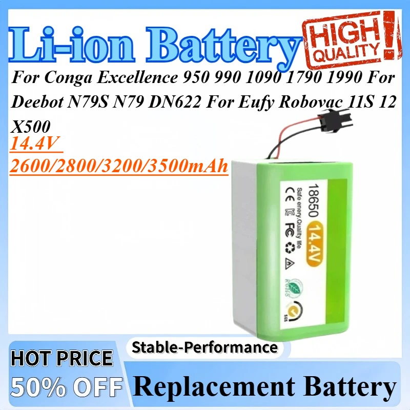 

14.4V Li-ion Battery For Conga Excellence 950 990 1090 1790 1990 For Deebot N79S N79 DN622 For Eufy Robovac 11S 12 X500