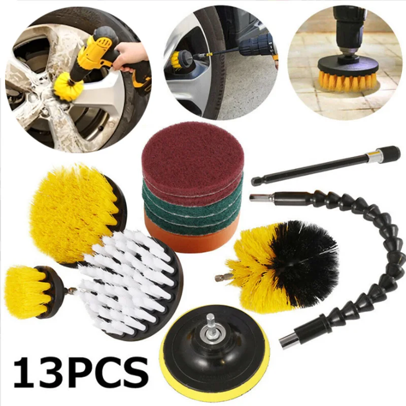 13-piece yellow drill brush set Car wheels tire descaling cleaning extension rod floor wall cleaning polishing sponge mat