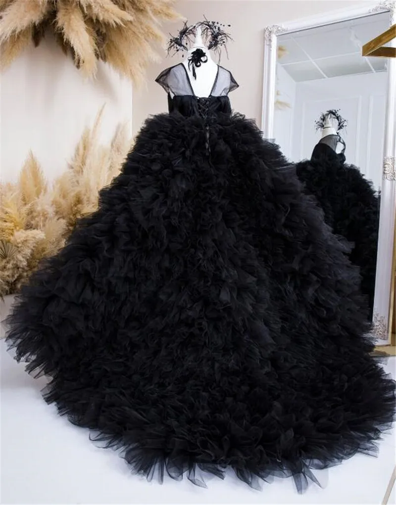 Black Fluffy Flower Girl Dresses with Cap Sleeves Tulle Pageant Gown Girls First Communion Dress Kids Size 1-14T