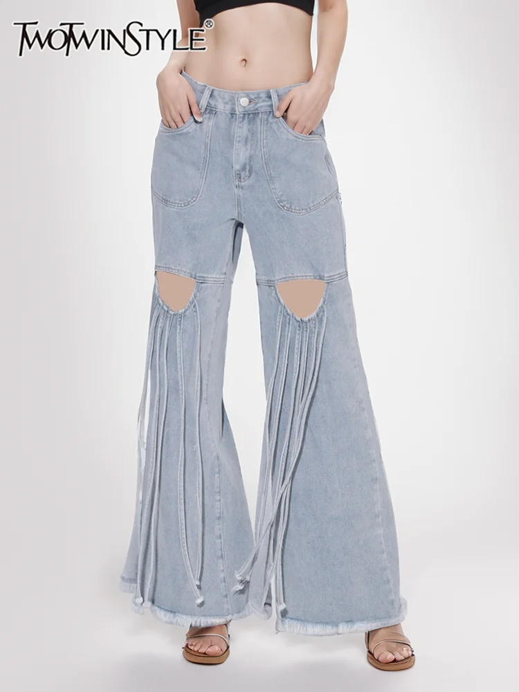 

Женские джинсы с вырезами TWOTWINSTYLE, однотонные джинсы с широкими штанинами, на шнуровке, с высокой талией, на пуговицах