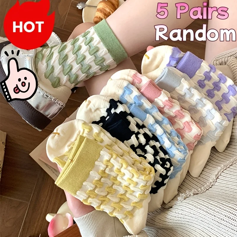 Random 5-Pair Women's Mid-Calf Socks,Candy-Colored Bubble Pattern,Versatile and Breathable,Well with Skirts and White Sneakers