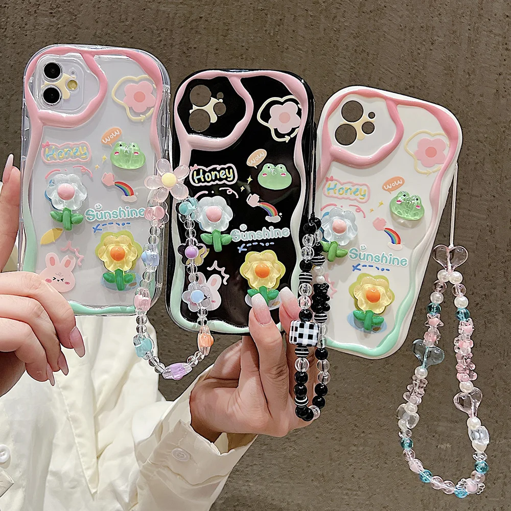 3D Flower Hang JOLanyard Soft Phone Case, iPhone 15 Pro Max 14 11 12 13 Pro Poly 8 7 Plus X XS Max SE 2020 2022, Corée Cover