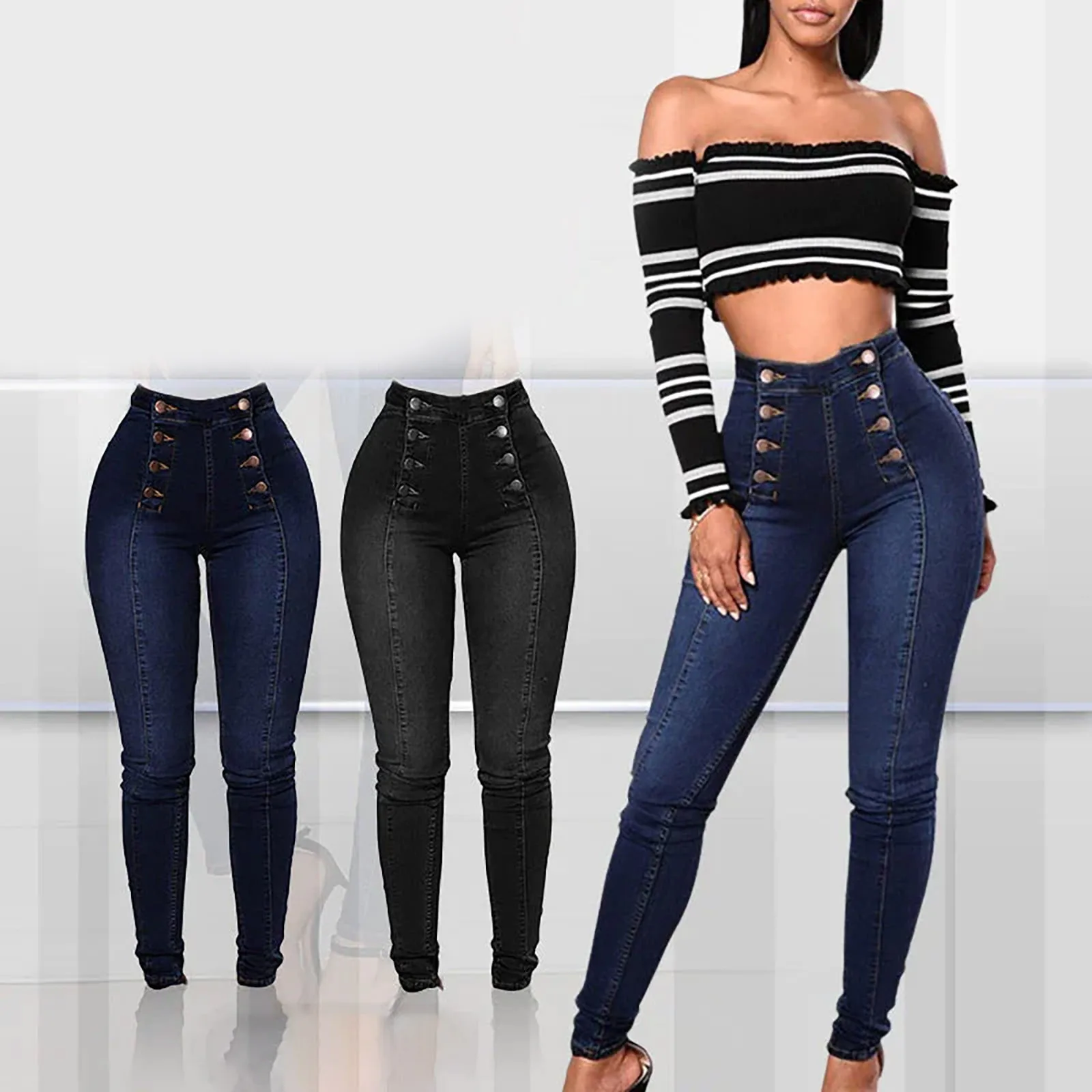 High Waist Casual Baggy Jeans Trouser Trendy Double Breasted Multi Button Slim Fit Elastic High Waist Skinny Women\'S Demin Pants