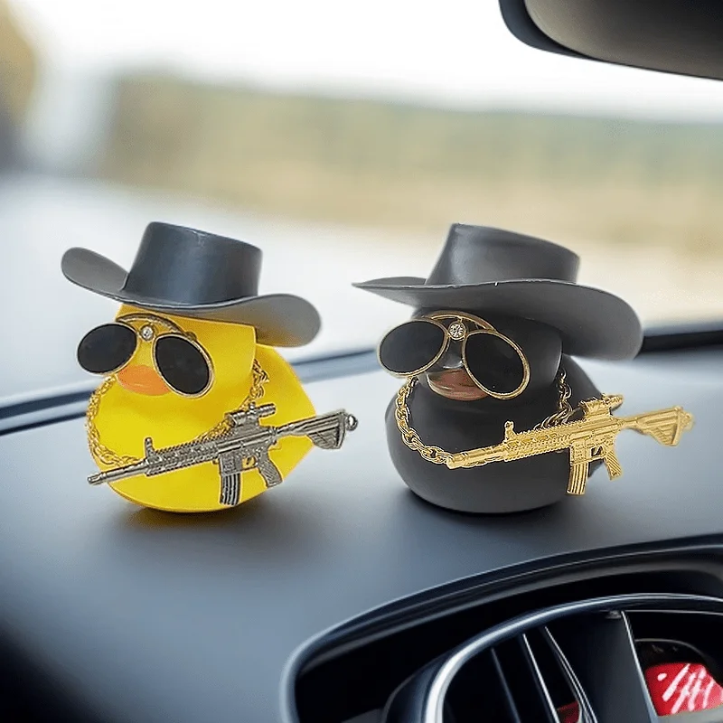 

Colorful Rubber Duck with Weapon Cowboy Hat Car Dashboard Ornament Black Blue Yellow Ducks Car Decoration for Men Women