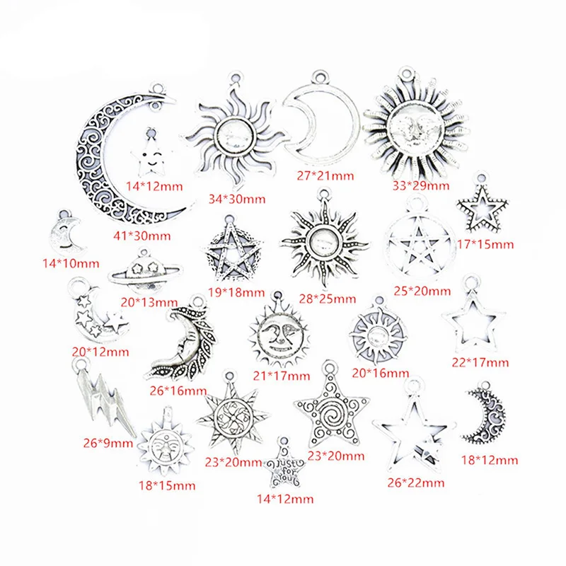 23Pcs Mixed Silver Moon Star Sun Charm Pendants DIY Hand‑Making Jewelry Making Accessory Findings Set