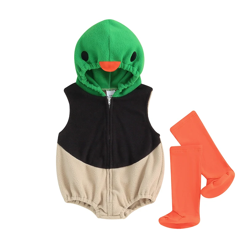 

Cute Baby Duck Costume Sleeveless Hooded Zipper Closure Romper with Leg Warmers Halloween Cosplay Costume