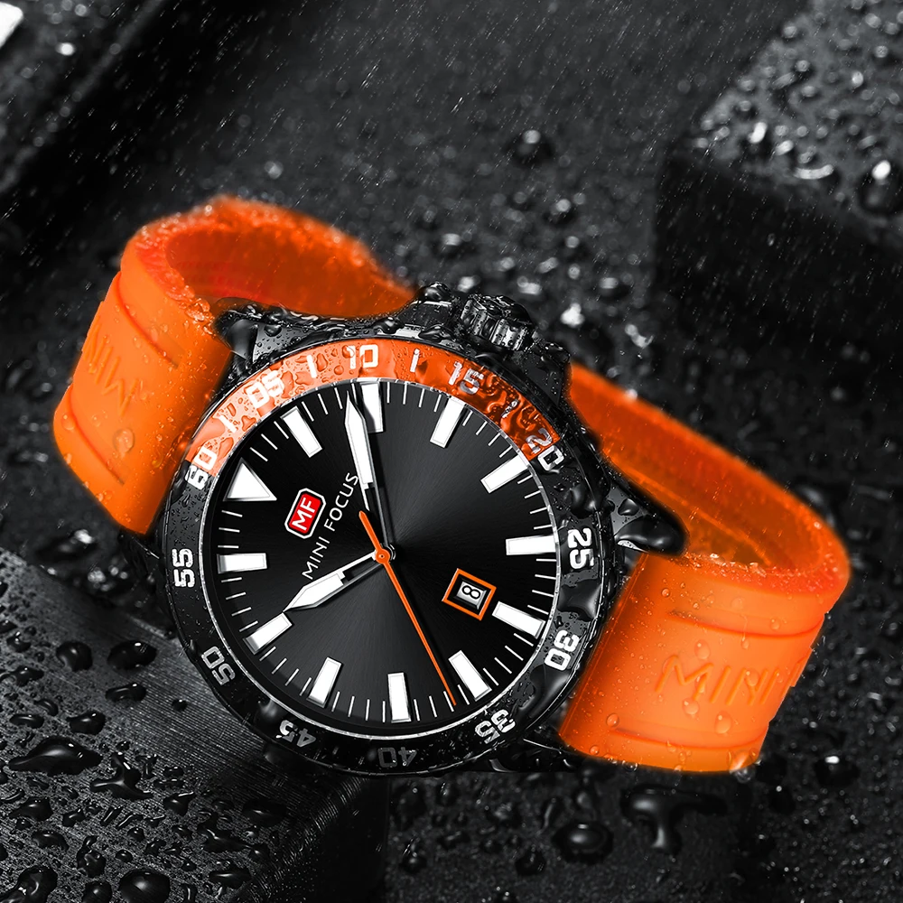 MINI FOCUS Orange Fashion Waterproof Watches Date Display Casual Silicone Strap Sports Quartz Watch for Men Luminous Hands 0020