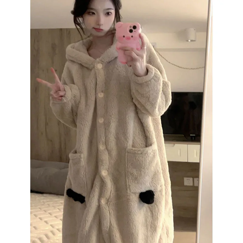 

Pocket Robe for Women Sleepwear Fleece One Piece Pajama Winter Nightdress Night Wears Warm Nightgown Hooded Sleeping Homewear