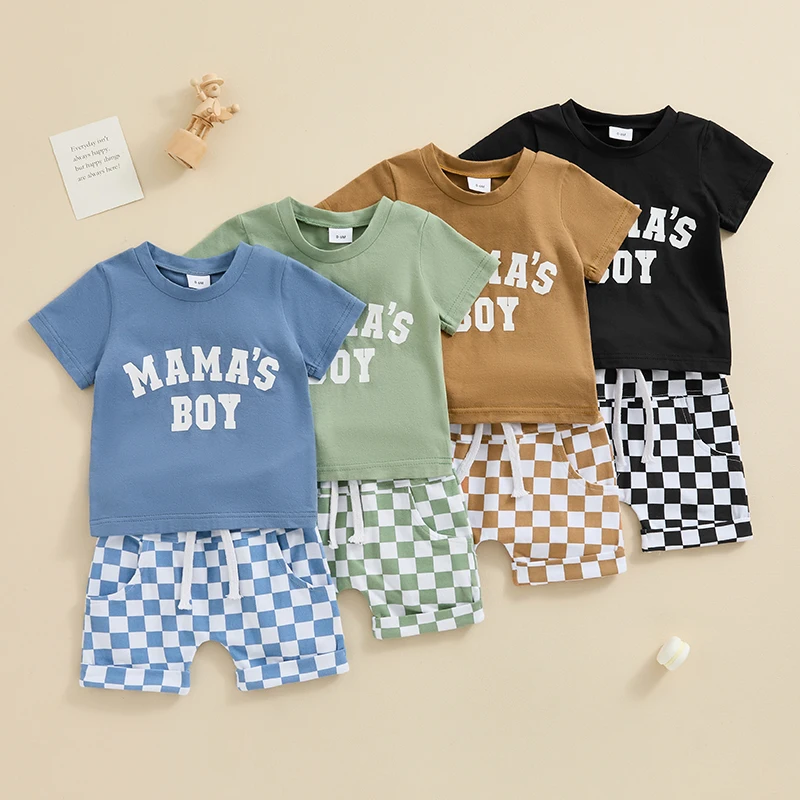 Toddler Baby Boys Clothing Casual Short Sleeve Letters Print T-shirt with Plaid Shorts Sets  Summer Outfits Clothes