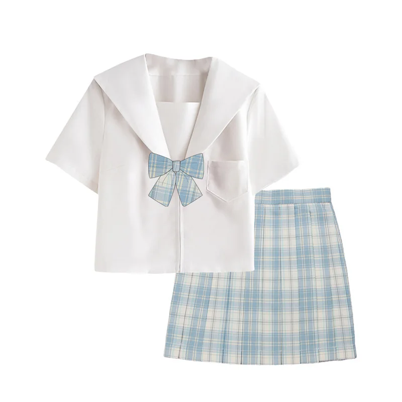 Preppy Plaid Skirt & Sailor Top Set Japanese JK Uniform Style Basic Two Piece Outfit Comfortable Fashion Wear for Campus Daily