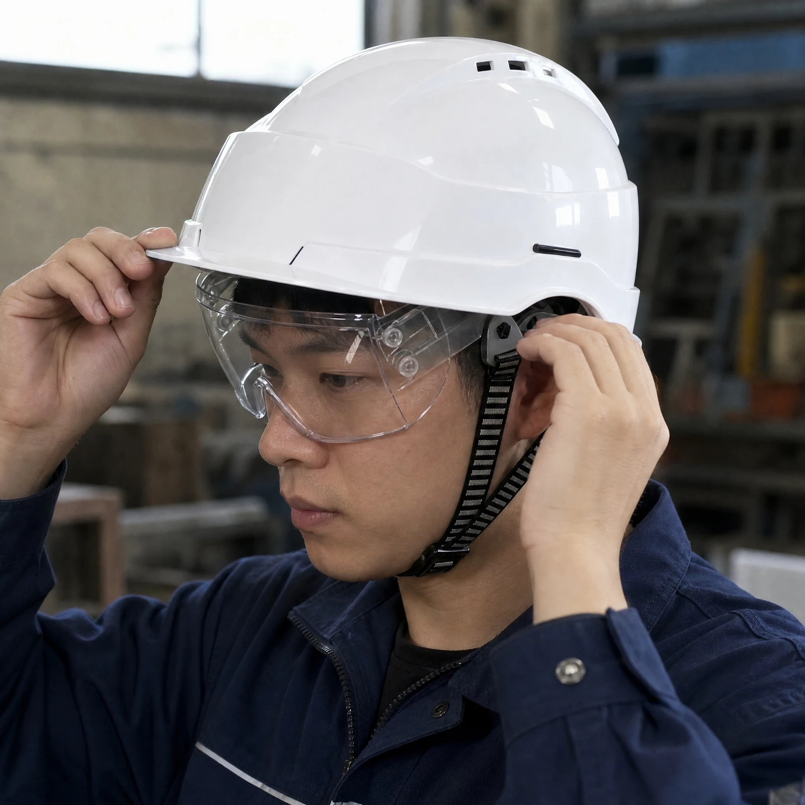 ABS Safety Helmet with Face Visor Integrated Vented Hard Hat with Goggles Vented Hard Hat with Visor Lightweight
