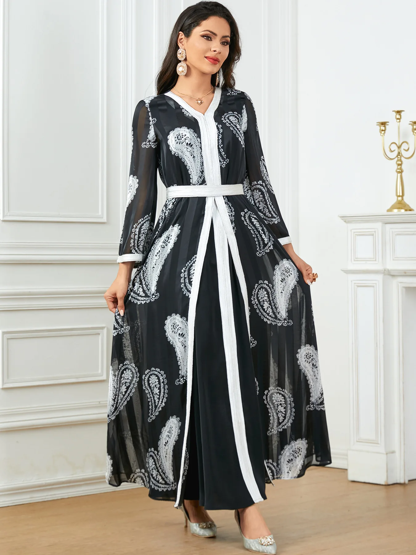 Autumn Muslim Abaya for Women Maxi Dress A-line Dresses Lace-up Morocco Kaftan Dubai Robe Party Dress 2 Piece Set Saudi Arab