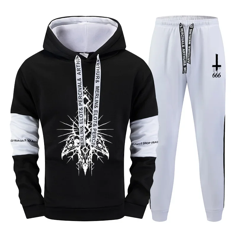 Satan Inverted Cross Hoodies Sweatpants Urban Trend Hooded Streetwear Autumn Winter Daily Casual Sporty Sweatshirts Jogging Suit
