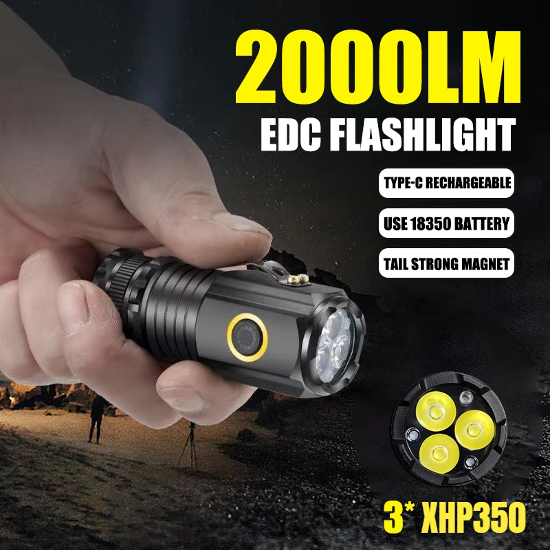 Mini Powerful Portable 3LED with Magnet Flashlight Built-in 18350 Battery USB Rechargeable Torch Multifunction Clamp Cap Lamp