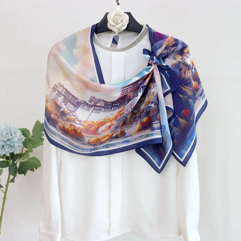 Birdtree 100%Real Silk Vintage Building Scarf Mom's Gift Elegant Fashion Women Versatile Shawl 2024 Spring Kerchief New A3D938QC