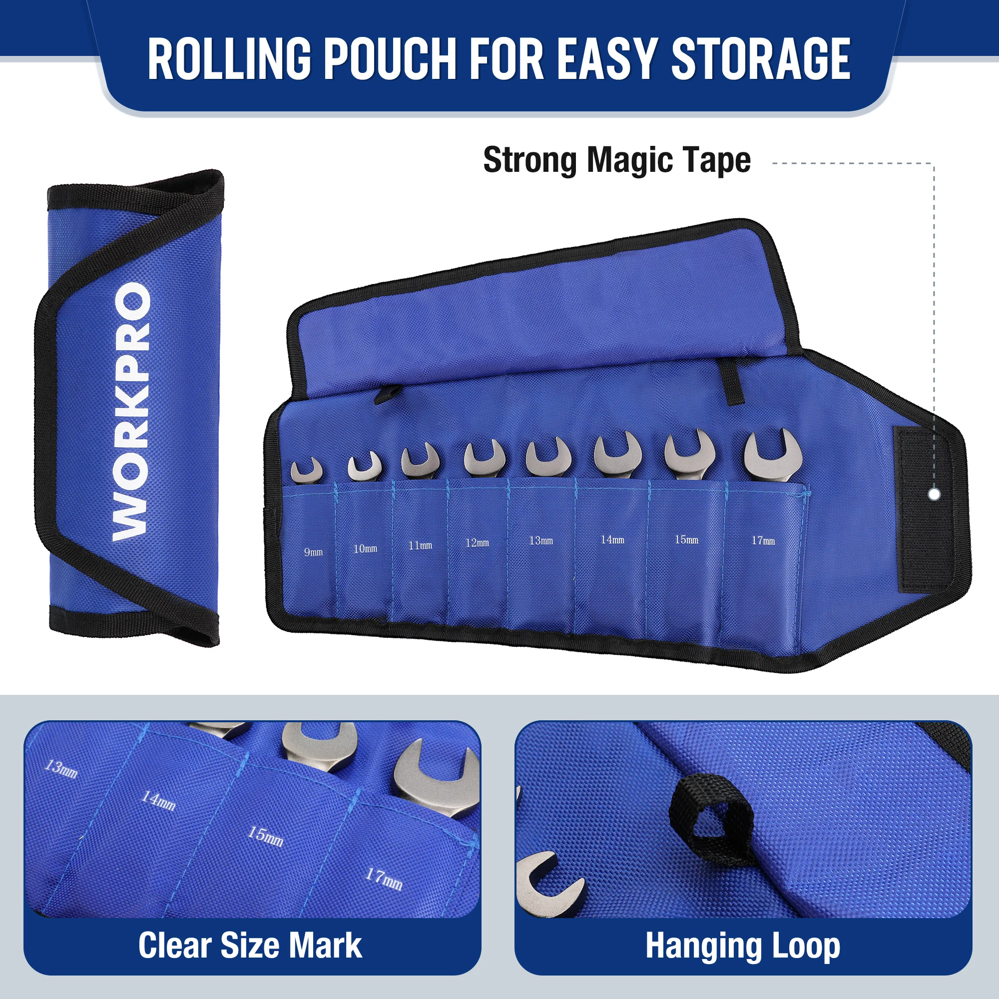 WORKPRO 8-delige flexibele kop stompe ratelcombinatiesleutelset, SAE/metrisch 72-tanden, CRV, 5/16-3/4 in vernikkeld