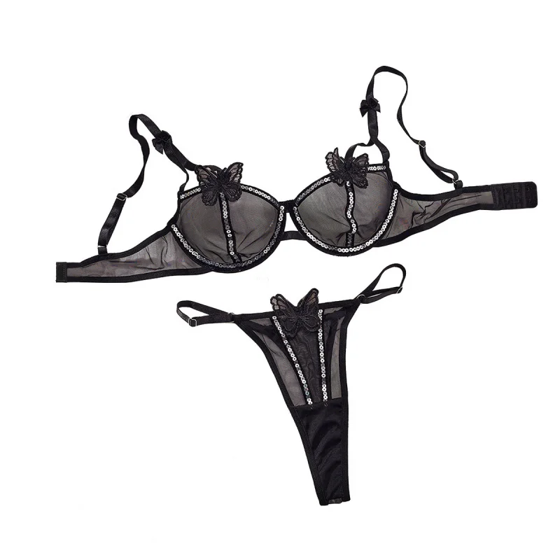 2025Новое сексуальное женское белье с блестящими пайетками, чистое желание, прозрачная сетка, вышивка бабочкой, забавный комплект из двух предметов на косточках