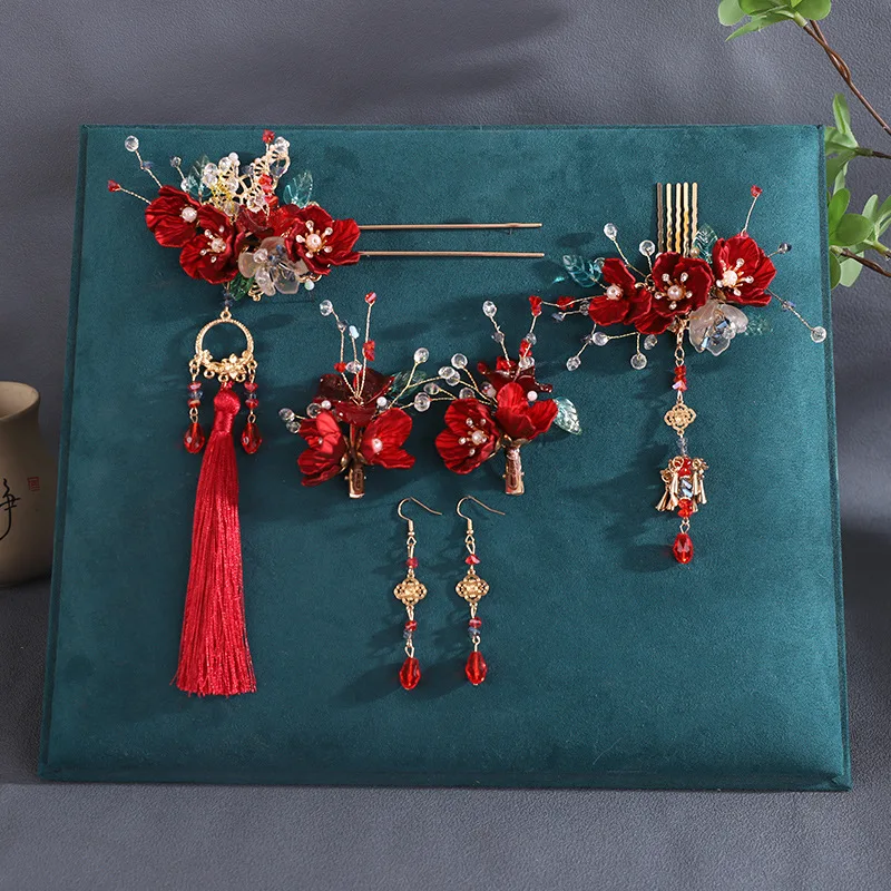 Заколки для волос с красным цветком, винтажная заколка для волос с кисточкой-бабочкой, ювелирные изделия, китайские аксессуары для волос Hanfu, платье на заказ, головной убор, подарок