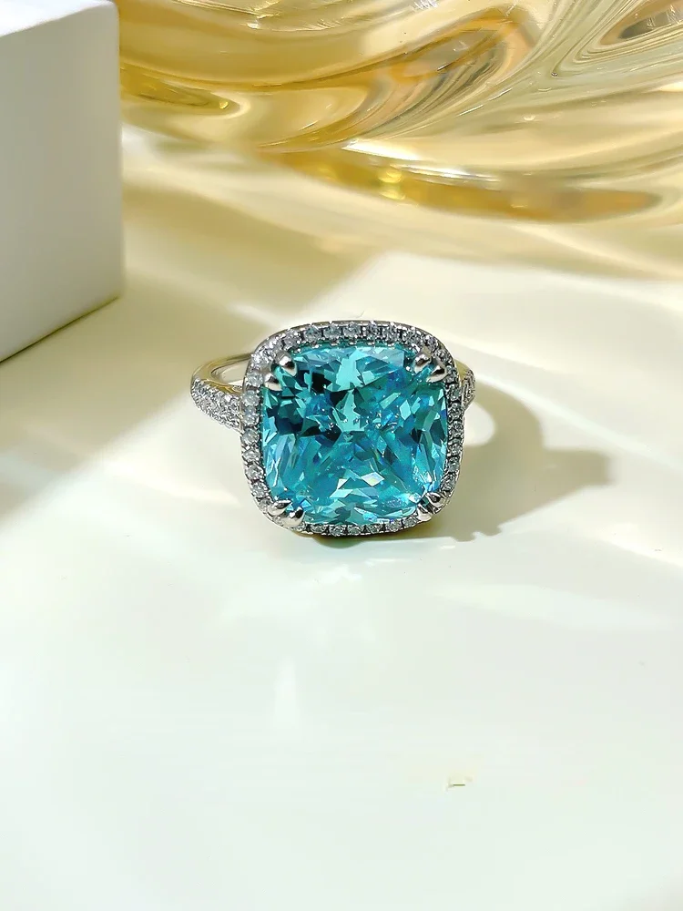 Simple luxury inlaid with fat square sea blue treasure ring imported high carbon diamond broken ice versatile temperament