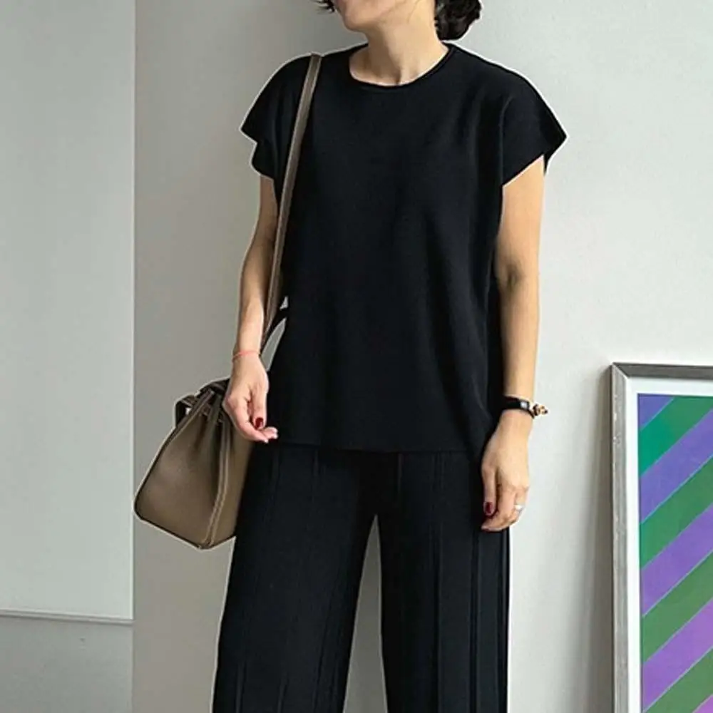 

Ice Silk Knitted Suit 2024 Spring Spliced Trouser Set Comfortable Shirt Loose Wide Leg Pant for Lady Commuting Office Streetwear