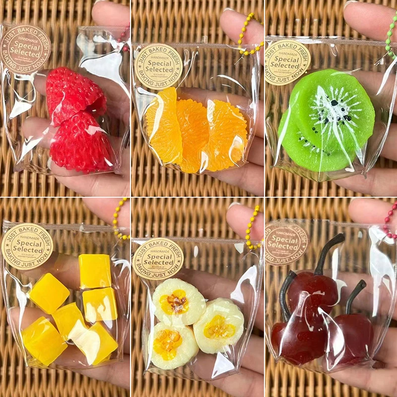 1pc Kawaii Simulation Stress Relief Toy Sticky TPR Mini Fruit Bag Keychain Pendant Relief Super Soft Squeeze Toy Gifts For Kids